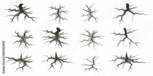 Collection of gray cracks and fissures on a white background