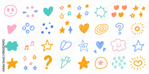 Colorful doodle stickers featuring hearts stars faces and various playful shapes