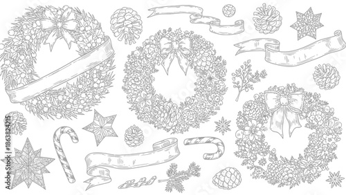 Christmas Wreaths and Decorative Elements Illustration.