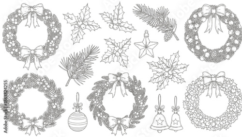 Christmas Wreaths and Decorations Hand Drawn Set.