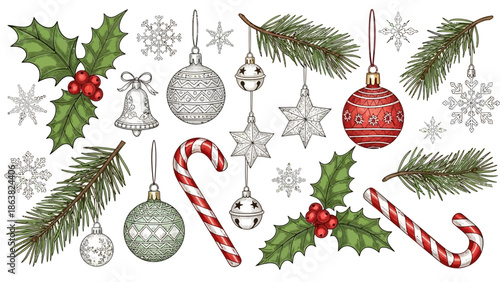 Christmas ornaments and decorations on white background.