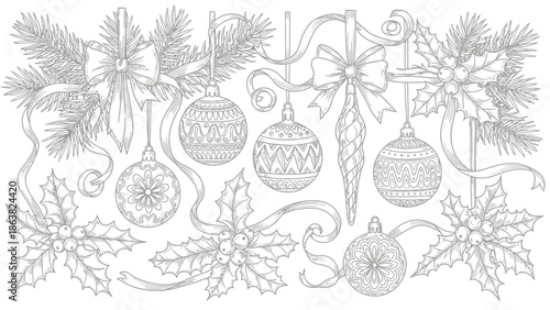 Christmas Ornaments and Decorations Line Art Illustration.