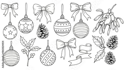 Christmas Ornaments and Decorations Hand Drawn Illustration.