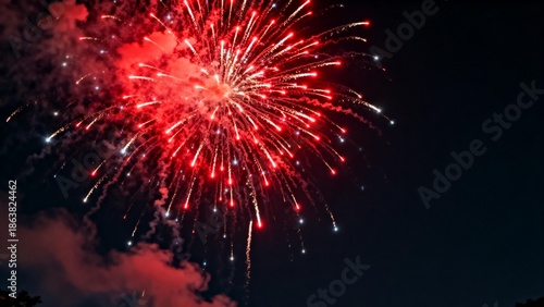 Vivid red fireworks exploding in night sky