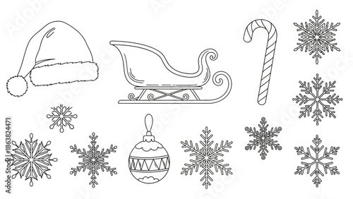 Christmas Icons Set with Snowflakes and Ornaments.