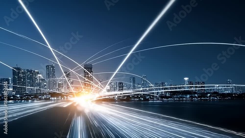 Futuristic Cityscape with Light Trails - A Dynamic Night View.
