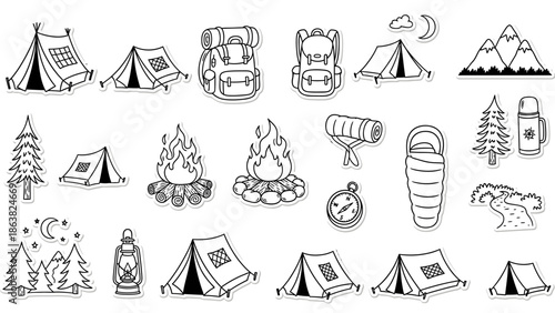 Camping Icons Set with Tents and Gear.