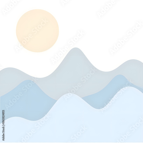 Pastel blue mountains against soft sun, serene minimalism