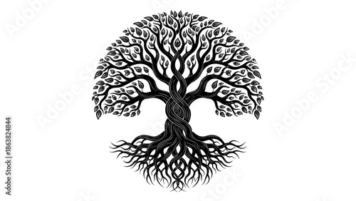 Black and White Tree Illustration with Roots.