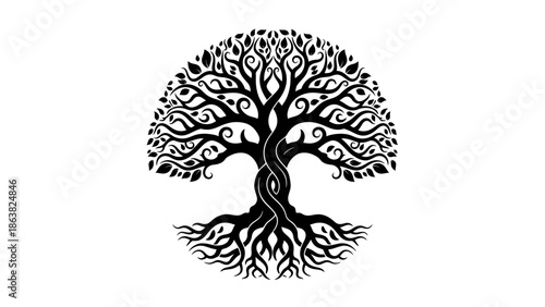 Black and white tree illustration with roots.