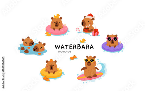 Cute Capybara swimming and bathing Sticker Set. Water loving animals clipart. Surfing board, winter warm springs and summer swimming pond scenes with capybara