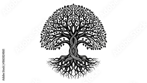 Black and White Tree Illustration with Roots.