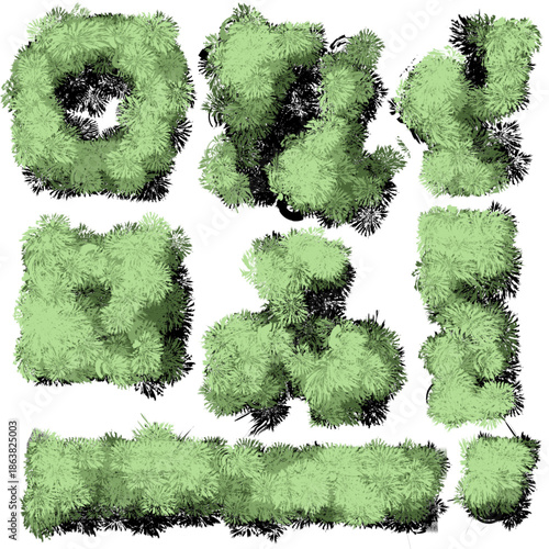 top-down view of stylized green shrubbery and garden hedges arranged in geometric and organic clusters. This collection features soft lighting, realistic shadows, and a clean grid background, making 