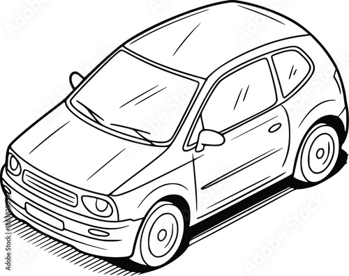 A detailed line drawing of a small compact car from a high angle view