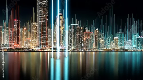 Futuristic Cityscape with Neon Lights and Water Reflections.