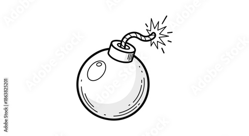 A simple black and white cartoon drawing of a round bomb with a lit fuse that is sparkling and ready to explode.