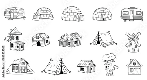 A collection of various hand-drawn houses and dwellings in a detailed black and white sketchy doodle style.