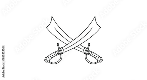 A simple black outline of two crossed pirate cutlass swords a symbol of piracy adventure and battle.