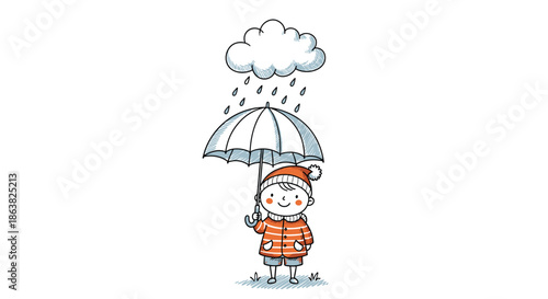 A charming hand-drawn sketch of a happy child in a winter hat holding an umbrella under a small rain cloud.