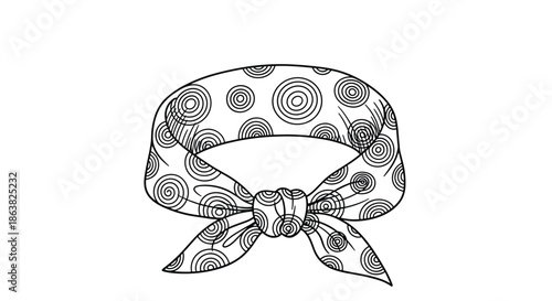 A black and white line art drawing of a stylish folded and tied bandana or neckerchief with a circle pattern.