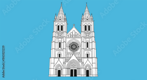 A detailed black and white line art illustration of a grand gothic cathedral with twin towers on a blue background.
