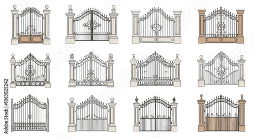 A beautiful collection of elegant and ornate wrought-iron gates with stone pillars in a hand-drawn sketchy style.