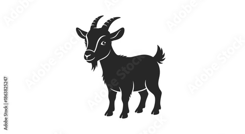A simple and clean black silhouette icon of a small goat standing and looking forward in a profile view.