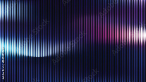 Glass ripple texture with dark gradient background blue, and lilac light streaks. Futuristic distortion, moody abstract glow, reeded vertical blur. Vector illustration