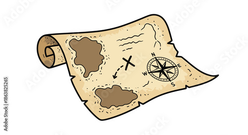 Vintage-style illustration of an old pirate treasure map scroll with a compass rose and an X marking a hidden place.