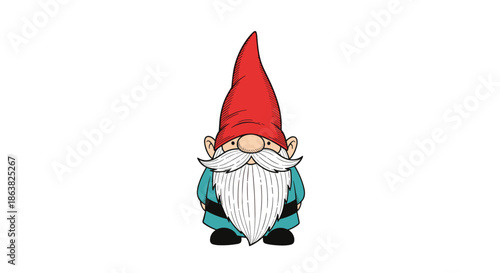 Charming colorful cartoon illustration of a traditional garden gnome with a long white beard and a tall pointy red hat.