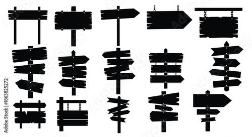 Large collection of black silhouette vector icons featuring various old wooden signs signposts and direction arrows.