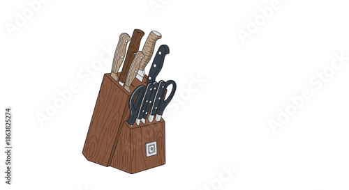 Detailed illustration of a wooden kitchen knife block set complete with various knives and scissors for culinary prep.