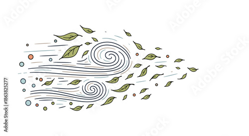 Artistic hand-drawn illustration of blowing wind with swirling lines and flying leaves showing a gusty autumn day.