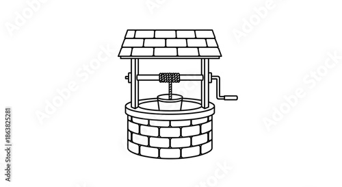 Simple black and white line art drawing of a traditional stone water well with a roof a bucket and a hand crank.