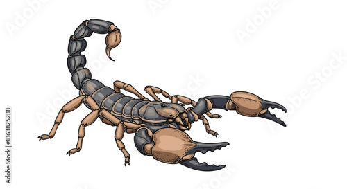 Highly detailed and realistic color illustration of a scorpion in a defensive pose with its stinger tail raised up.