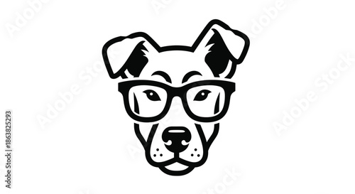 Simple and modern black and white stencil icon of a clever dog's face wearing a pair of thick-framed hipster glasses.