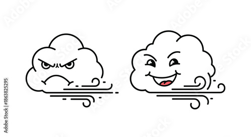 Two cute cartoon cloud characters blowing wind with one angry face and one mischievous winking face line art illustration.