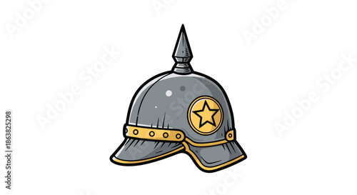 Hand-drawn vintage illustration of a historical German Pickelhaube spiked helmet from the World War I era with a star.