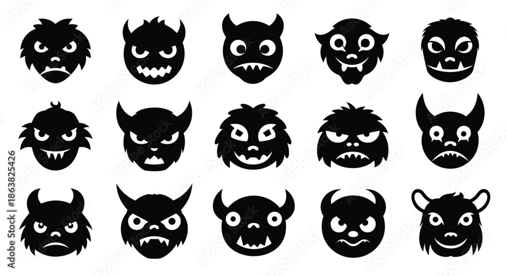 Fototapeta premium Collection of fifteen spooky monster and demon faces in black silhouette style with various expressions horns and fangs.