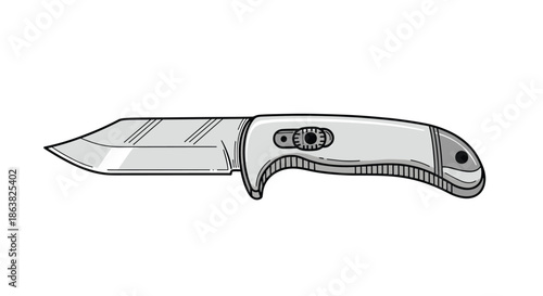 Grayscale hand-drawn illustration of a modern folding pocket knife with a sharp blade and an ergonomic handle design.