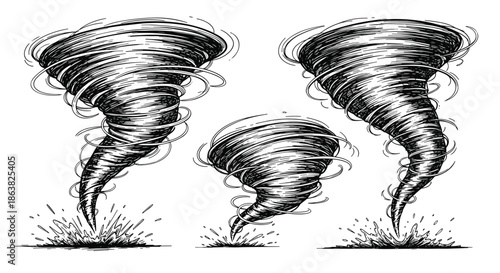 Three powerful tornadoes illustrated in a detailed black and white vintage engraving style showing a destructive storm.