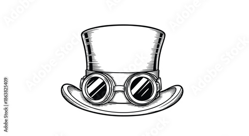 Black and white vintage engraving illustration of a steampunk top hat with a pair of round goggles resting on the brim.