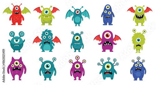 Large collection of cute and colorful cartoon monsters and aliens with funny faces multiple eyes wings and horns design.