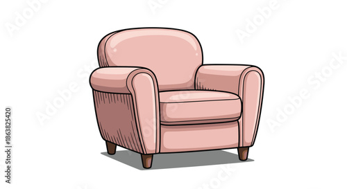 Cozy hand-drawn illustration of a comfortable pink single-seater armchair with soft cushions and classic wooden legs.