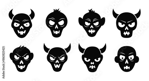 Set of eight scary monster and demon head icons in a black silhouette style with horns sharp teeth and angry expressions.