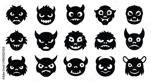 Collection of fifteen spooky monster and demon faces in black silhouette style with various expressions horns and fangs.