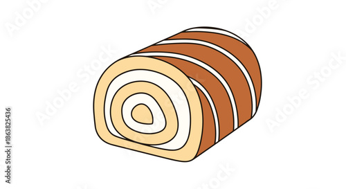Simple and clean line art illustration of a delicious swiss roll cake with a creamy spiral filling and striped topping.