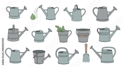 Hand-drawn doodle collection of various metal watering cans buckets and other essential gardening tools for yard work.