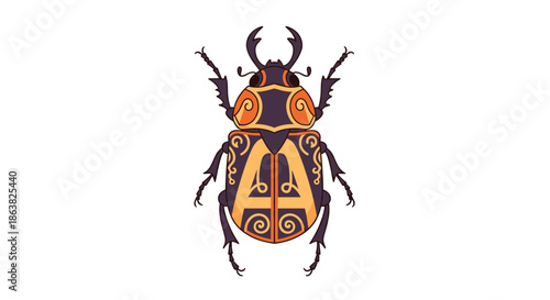 Beautifully decorated illustration of a large beetle with ornate orange and purple patterns and a letter A on its shell.