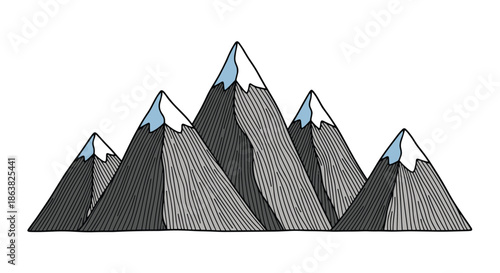 Stylized hand-drawn illustration of a gray mountain range with five distinct snow-capped peaks against a white space.